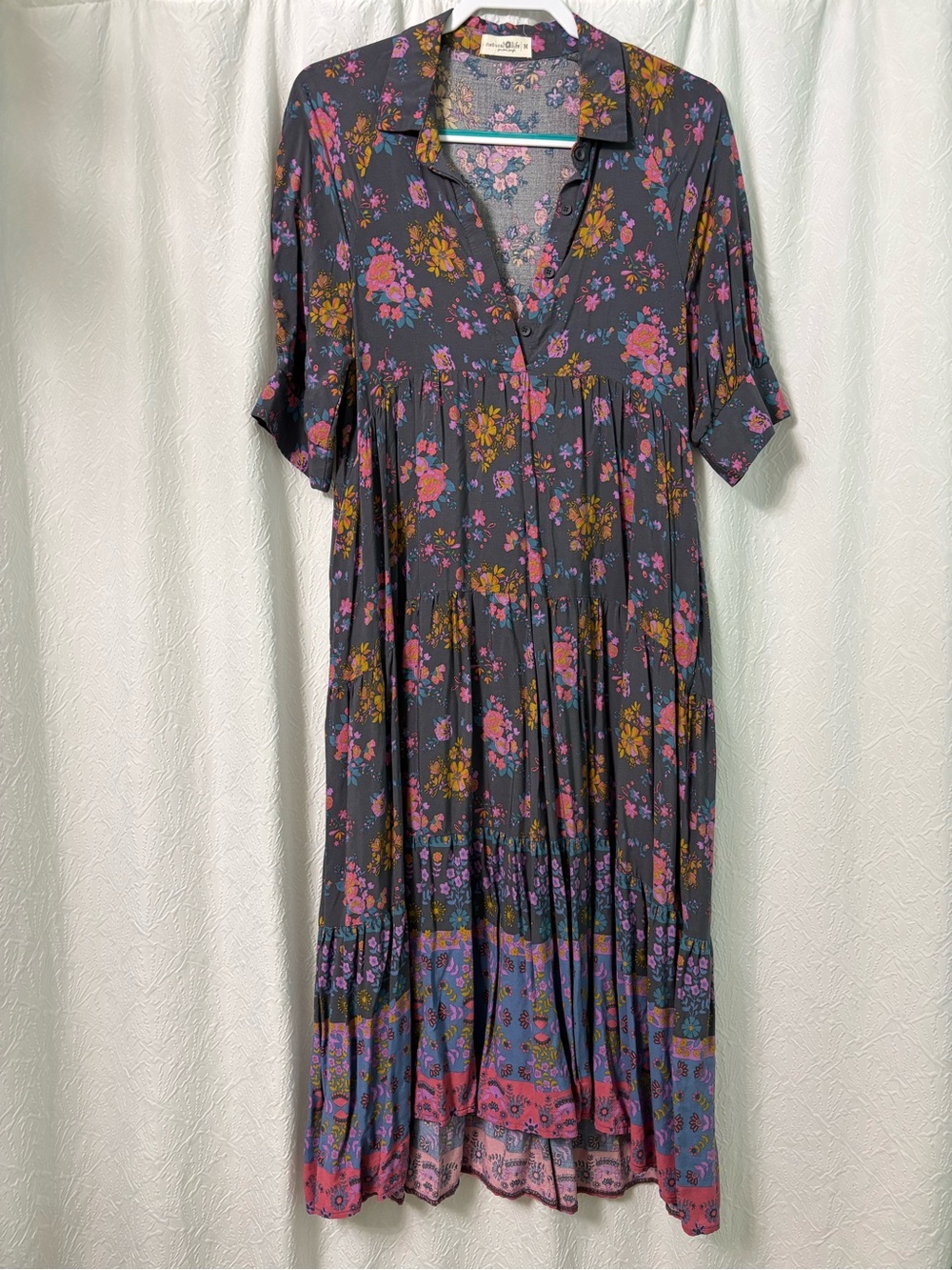 NATURAL LIFE Charcoal Gray Midi Dress with Pink & Mustard Floral Print - Picture 3 of 13